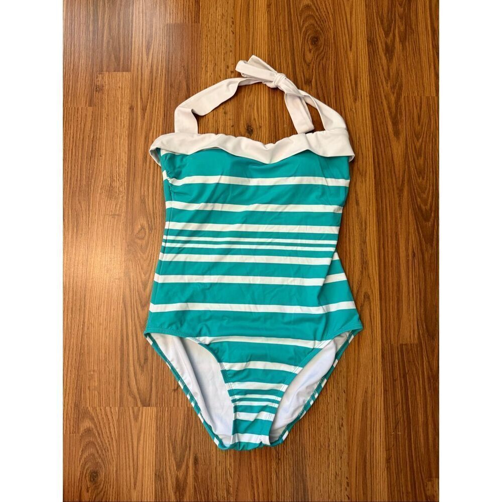 Lauren Ralph Lauren Women's Striped Halter One Piece Swimsuit Green White Sz 8